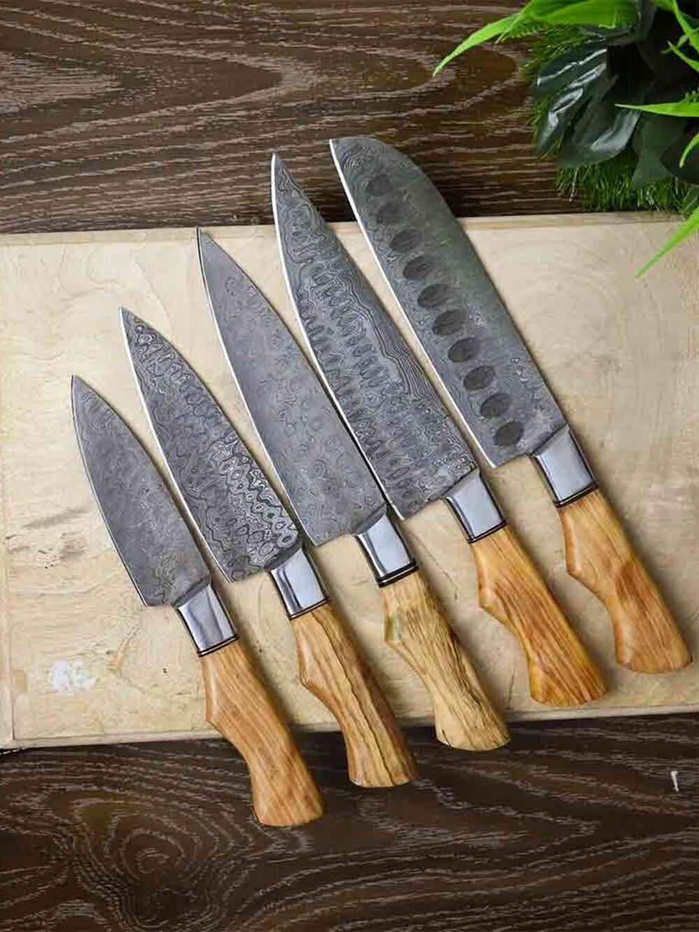Damascus Kitchen Knife Set 5PC Olive Wood & Brass Handle Chef Knives